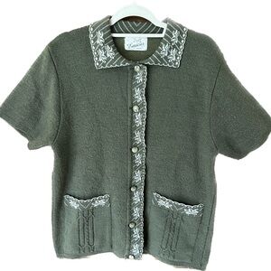 Emicar Vintage Green & White Floral Embroidered Button Up Sweater RARE